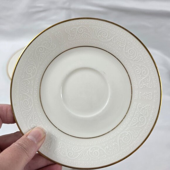 Noritake Tulane Cups & Saucers (2 Cups 4 Saucers) White Scrolls Gold Ring & Rim - Picture 12 of 15